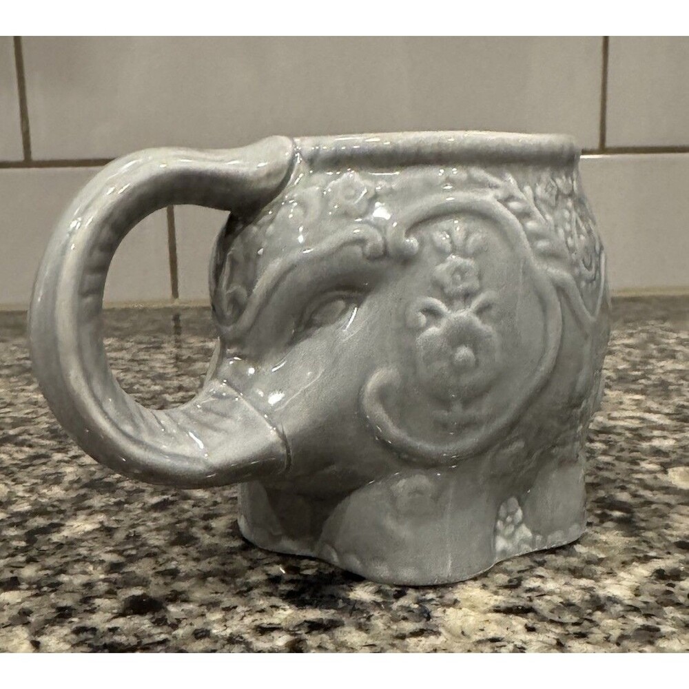 Home Essentials Gray Elephant Coffee Mug Cup Embossed Ceramic Planter Animal 4”